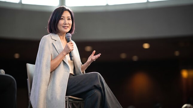 Generative AI, Asian businesswoman speaking on stage at a conference