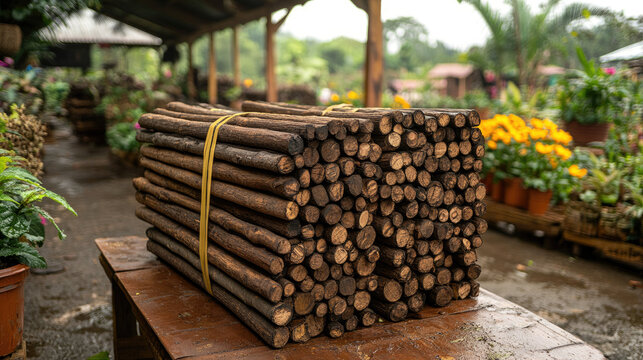 Stack of rustic wooden logs tied with yellow rope on a wooden table, surrounded by plants and flowers in a nursery or garden center.