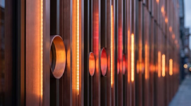 Modern wooden architectural facade with warm glowing vertical LED lights and circular recessed windows for urban design and corporate interior styling
