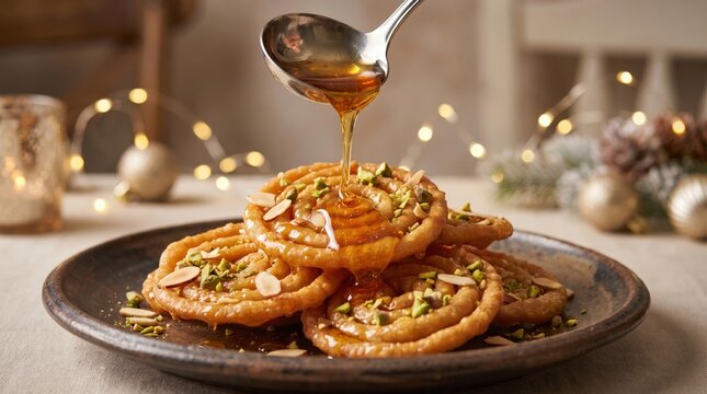Middle Eastern zlabia pastries drenched in sweet honey with pistachios and almonds on a plate for traditional desserts and festive Middle Eastern food