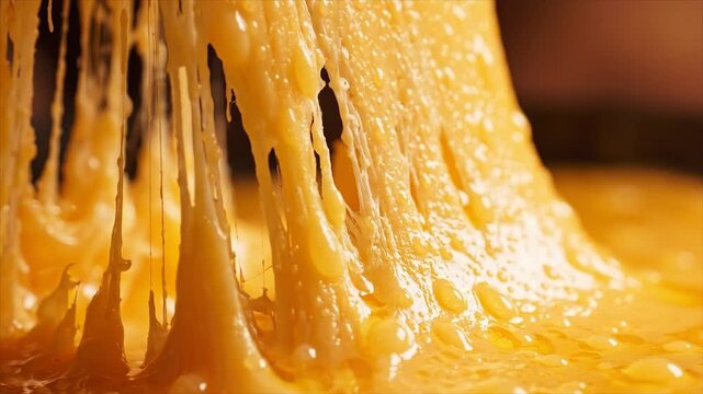 Hot melted cheese stretches in glossy golden strands in an appetizing cinematic macro food scene.