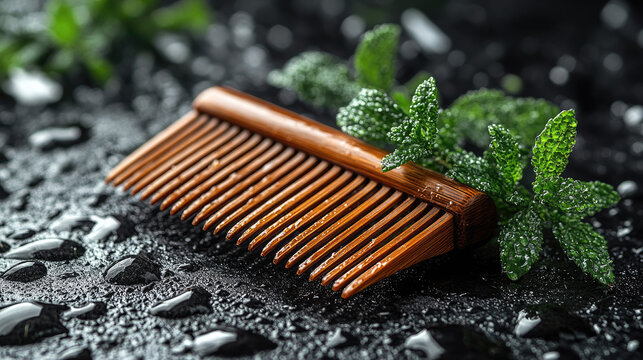 Natural Wooden Comb with Fresh Mint Leaves and Water Droplets on Dark Wet Surface