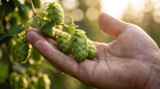 Human hand gently holds ripe green hops under warm golden hour sunlight in summer garden farm