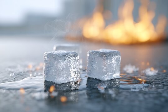 Clear ice cubes melting on dark surface with warm fire flames in background - contrast of hot and cold elements