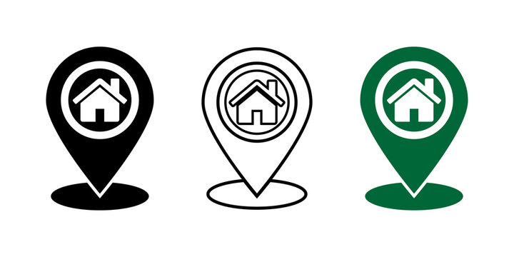 Home Address Location Pin Icon Set &ndash; Minimal Map Marker and House Symbols