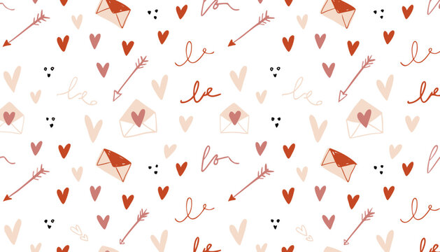 seamless pattern with hearts,Seamless Valentines Day Pattern with Hand Drawn Hearts Love Letters and Arrows