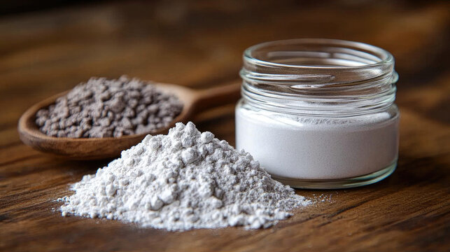 Natural Clay Powder and Granules in Jar and Spoon, Organic Skincare Ingredient, Spa Treatment, Wellness