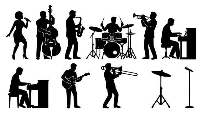 Jazz band musicians silhouette set with singer and instruments vector