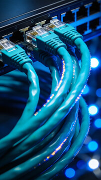 High speed internet cables plugged into network patch panel in data center server room.