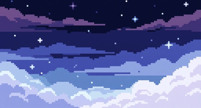 Pixel Art Starry Night Sky with Clouds Retro Game Background