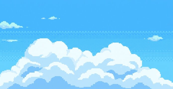 Pixel Art Blue Sky with Large White Clouds Retro Game Background