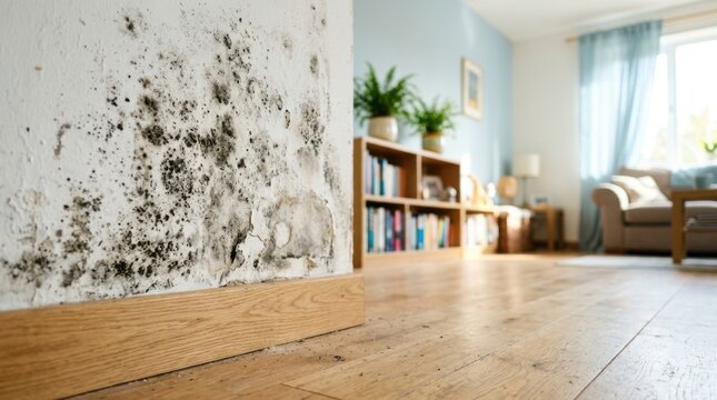 Toxic black mold growing on residential living room wall creating severe interior structural damage and health