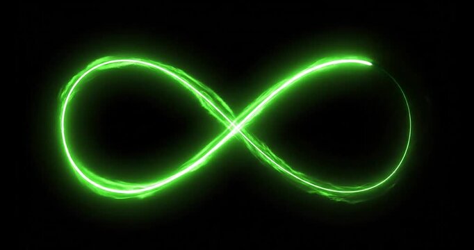 Glowing green infinity symbol on black background, neon light loop animation, futuristic energy trail forming an endless loop
