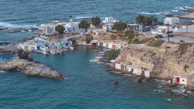 Aerial View Of Traditional Seafront Houses In Mandrakia Milos Greece
