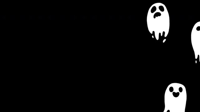 Cartoon animation video stinger transition of crowd of cute, spooky ghosts flying across the screen on transparent alpha channel for scene cuts, streaming, social media content, Halloween promotions