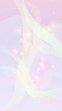 Vertical abstract background featuring soft pastel pink and lavender gradients with flowing translucent ribbons, glowing light particles, and ethereal bokeh effects.