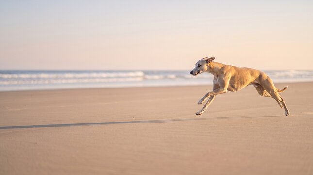 A graceful whippet dog running freely on a sandy beach with ocean waves in the background under a soft sky.
