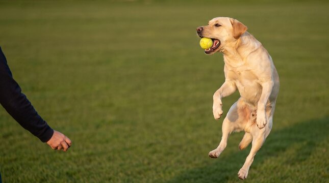 A happy yellow Labrador dog jumps to catch a tennis ball in a green field during golden hour.