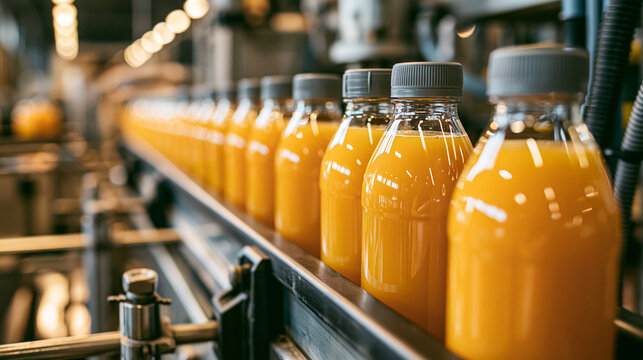 Bottles of orange juice moving on a factory conveyor belt. Beverage manufacturing concept.