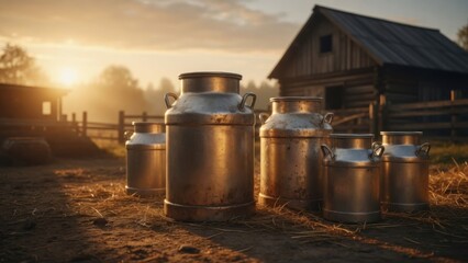 Naklejka premium Rustic Milk Churns at Sunset on Farm