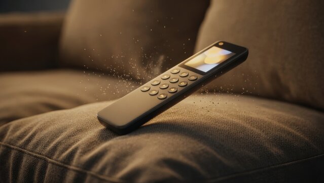 TV Remote Control Floating Above Sofa with Dust Particles