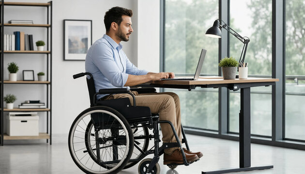 Young man in wheelchair working on laptop at modern height adjustable desk near large window in bright home office space