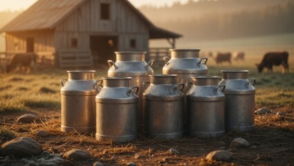 Obraz premium Vintage Aluminum Milk Cans on Rustic Farm at Sunrise