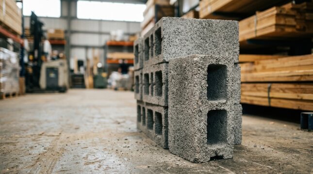 Grey concrete breeze blocks stacked carefully on the floor of a large busy industrial construction warehouse