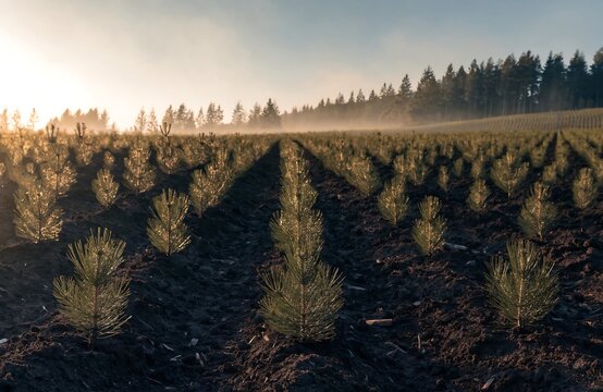 Young pine tree seedlings planted in organized forest nursery rows