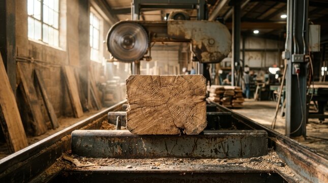 Massive heavy timber log waiting for sharp industrial band saw cutting in rustic workshop wood mill