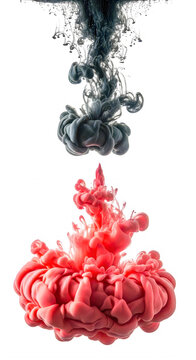 Black and red ink clouds swirling in water on transparent background