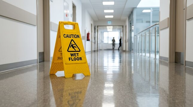 Yellow caution wet floor sign in a clean hospital hallway.