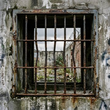 Grungy Prison Window with Rusty Bars and Barbed Wire Outside