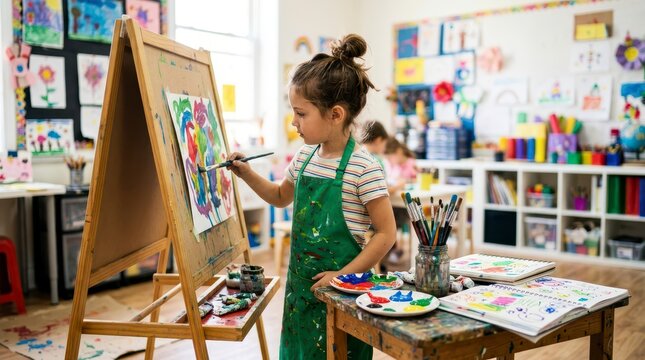 Young Child Engaged in Colorful Painting Activity in Art Classroom with Creative Environment