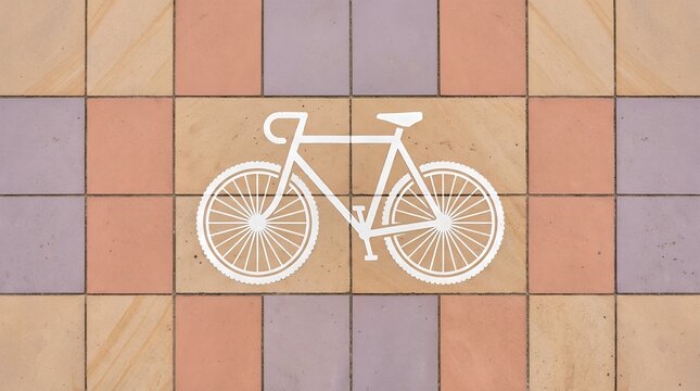 Bicycle sign on colorful tiled floor.