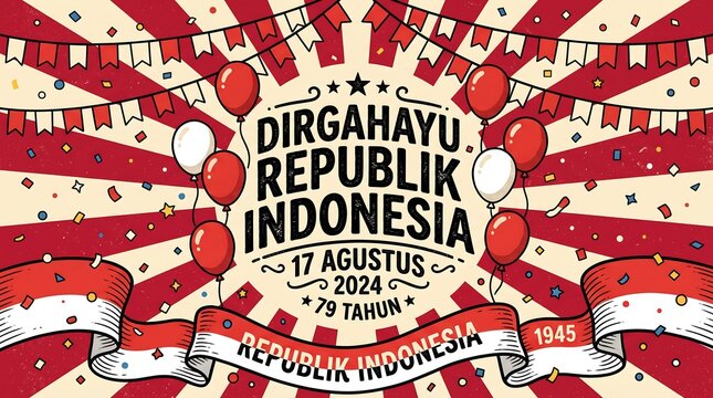 Retro Style Indonesian Independence Celebration Background with Confetti and Balloons