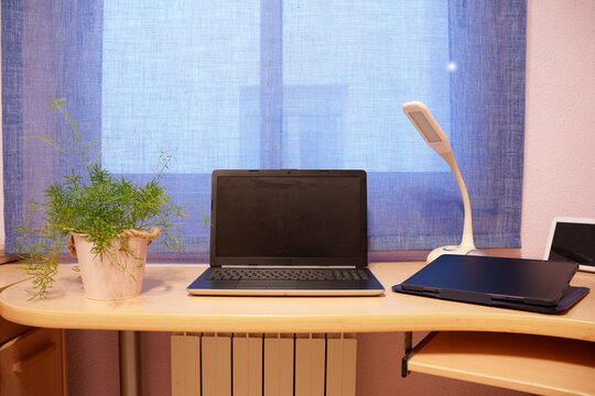 Minimal home office workstation featuring closed laptop on wooden desk beneath sheer curtained window, tablet, stylus, adjustable lamp, potted plant, chair, radiator, calm daylight