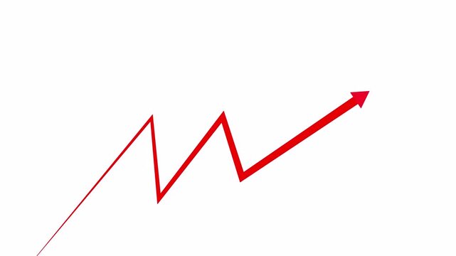 Red multi zigzag stock market arrow pointing up isolated on white background