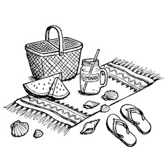 Summer picnic elements hand drawn illustration with watermelon, lemonade