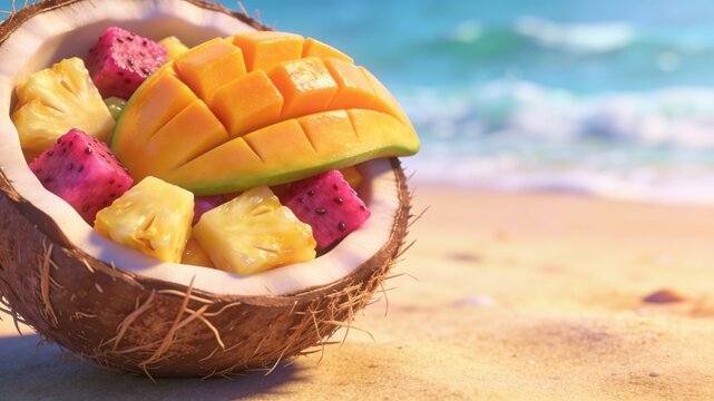 Fresh tropical fruit salad with diced mango, pineapple, and dragon fruit served in a half coconut shell on a sandy beach with a blurry ocean background.