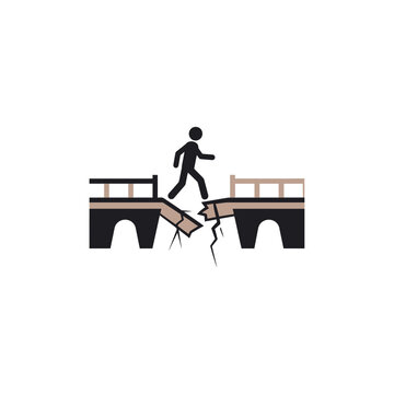 Person crossing a broken bridge symbolizing risk.