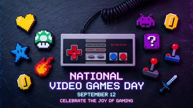 National Video Games Day concept with 8-bit pixel art icons, retro game controller, and joystick. Nostalgic gaming celebration. Vintage arcade aesthetics. Celebration of the joy of gaming.