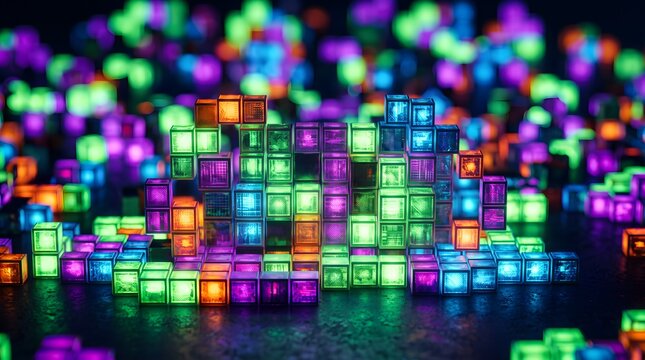 LED light cubes, glowing pixel blocks. Colorful luminous toy bricks. Rainbow RGB night light. Magical flickering blocks. Neon geometric shapes.