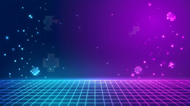 Vintage 80s retro synthetic wave background, neon cyberpunk style grid network pattern, futuristic design purple blue wall, abstract digital vector wallpaper with stars