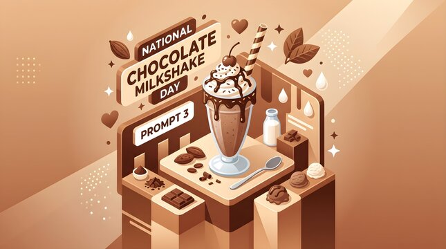 National Chocolate Milkshake Day promotional illustration. Isometric chocolate drink with cream, beans and cake on counter. 3D vector icon for food festival, cafe, holiday concept