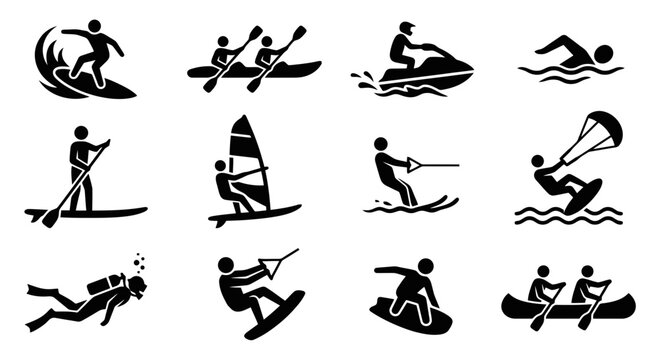 Water sports extreme activity pictogram icon set, surfing kayaking jet ski scuba diving vector illustration, outdoor beach water recreation stick figure icons isolated on white background