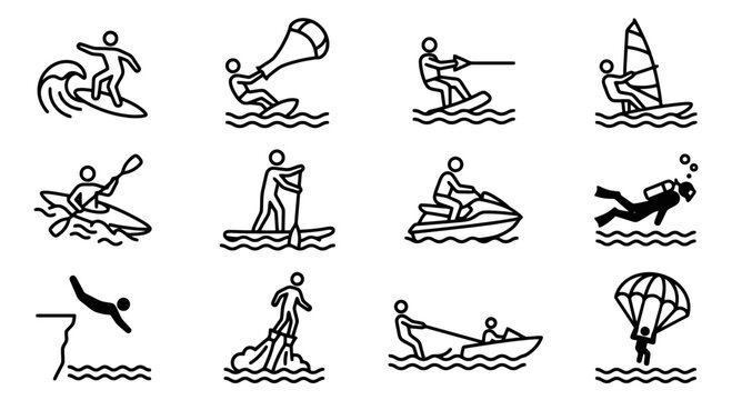 Water sports extreme activity line icon set, surfing kayaking scuba diving jet ski vector illustration, outdoor beach water recreation stick figure icons isolated on white background