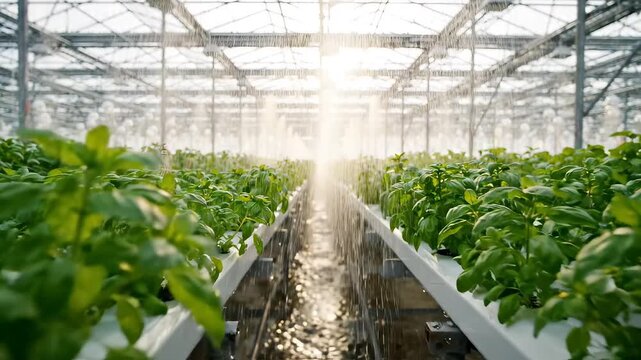 Hydroponic Basil Farm in Modern Greenhouse with Automated Irrigation and Sunlight