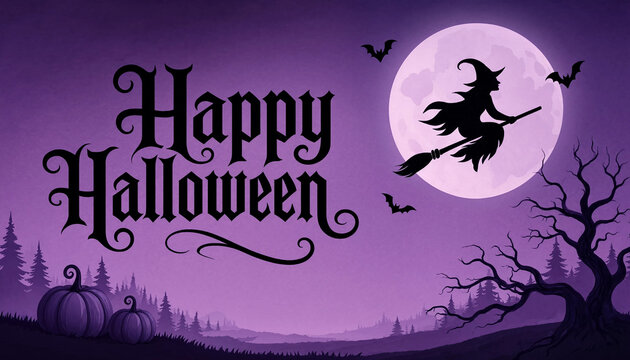 Happy halloween greeting card design featuring a flying witch silhouette against a large full moon background