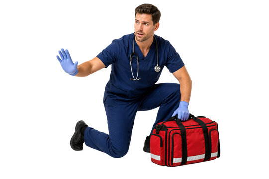 A male paramedic kneeling beside a red emergency kit isolated on transparent background PNG element